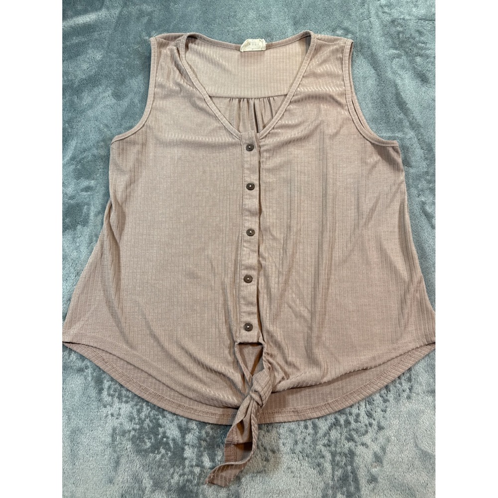 Ember Womens Ribbed Sleeveless Button Front Tie Hem Top Mauve Tan Large Boho
